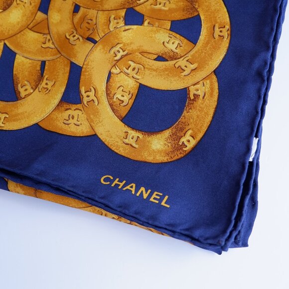 Authentic Preowned Chanel Navy/Gold Silk CC Logo Scarf - Picture 2 of 3